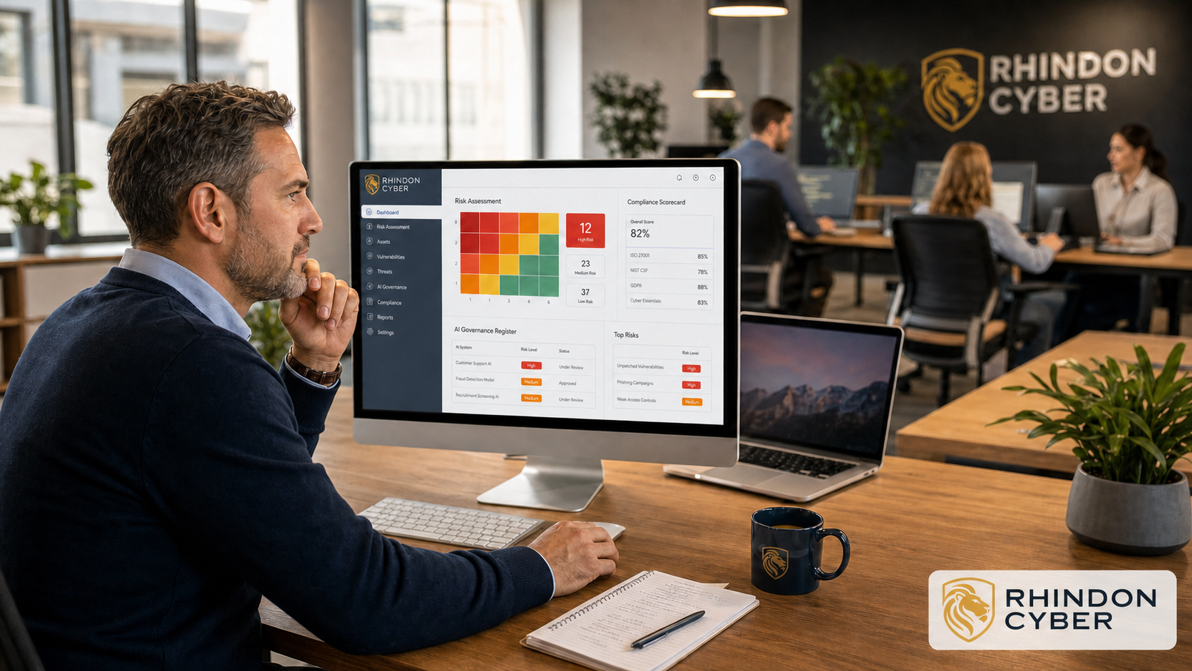 SMB business owner reviewing an AI risk governance dashboard on a desktop monitor in a modern small business office, with colleagues working in the background